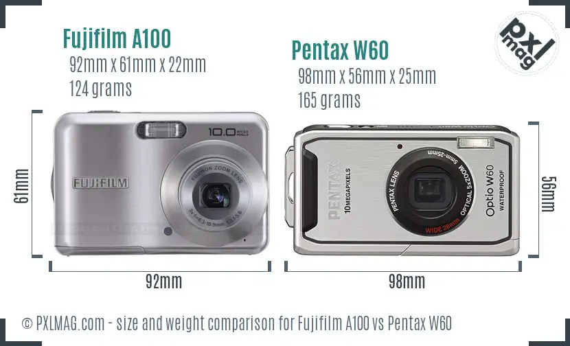 Fujifilm A100 vs Pentax W60 size comparison