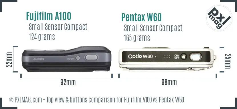 Fujifilm A100 vs Pentax W60 top view buttons comparison