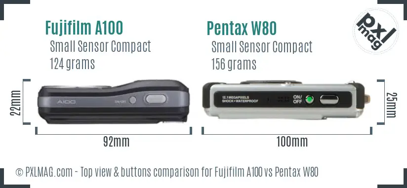 Fujifilm A100 vs Pentax W80 top view buttons comparison Fujifilm A100 vs Pentax W80 top view buttons comparison