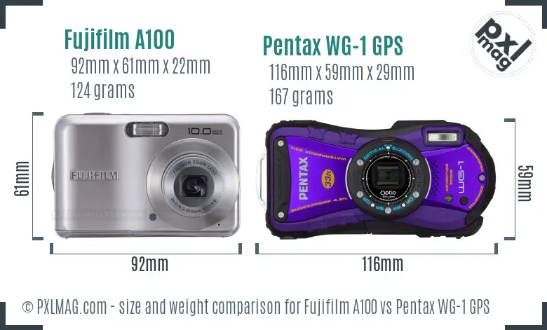 Fujifilm A100 vs Pentax WG-1 GPS size comparison