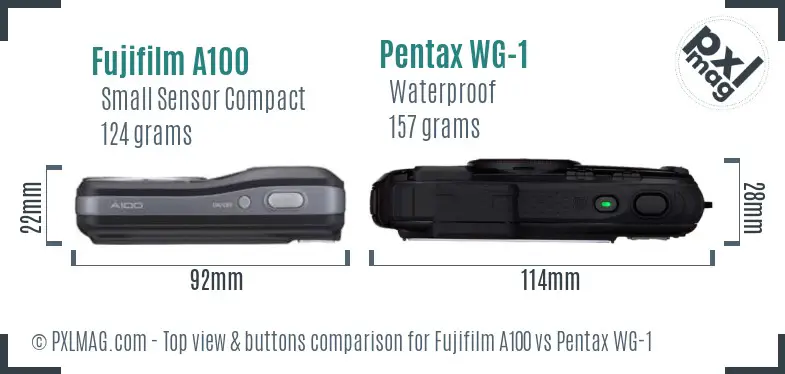 Fujifilm A100 vs Pentax WG-1 top view buttons comparison