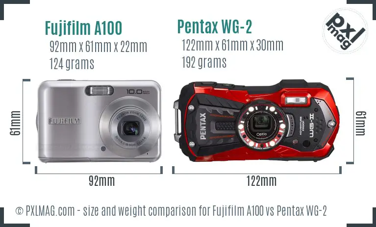 Fujifilm A100 vs Pentax WG-2 size comparison