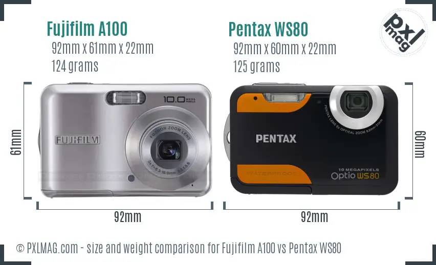 Fujifilm A100 vs Pentax WS80 size comparison