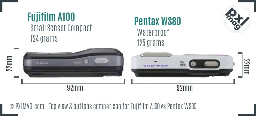 Fujifilm A100 vs Pentax WS80 top view buttons comparison