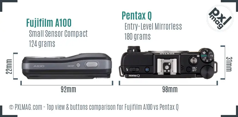 Fujifilm A100 vs Pentax Q top view buttons comparison