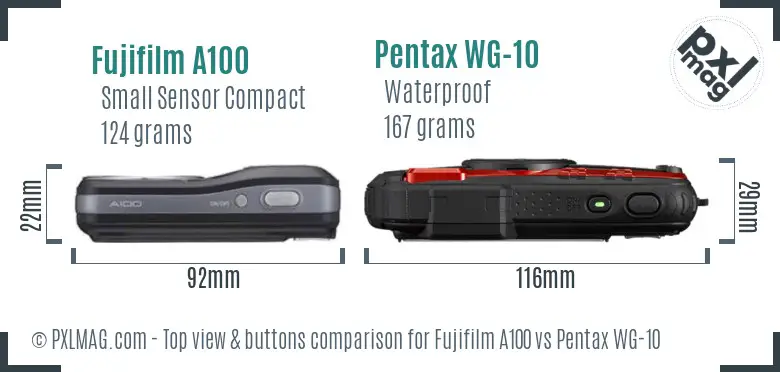 Fujifilm A100 vs Pentax WG-10 top view buttons comparison