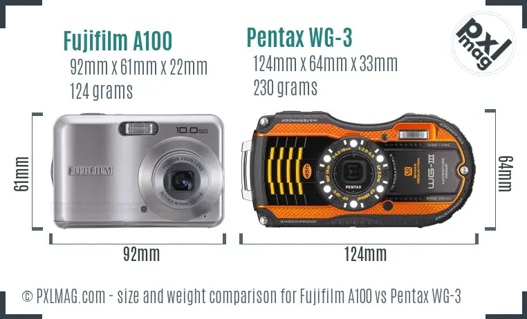 Fujifilm A100 vs Pentax WG-3 size comparison