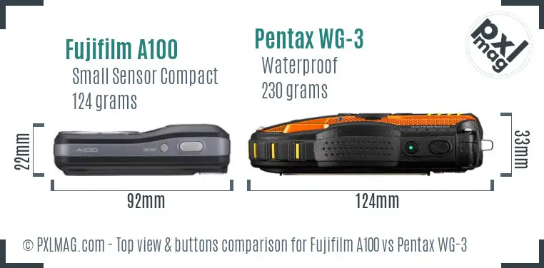 Fujifilm A100 vs Pentax WG-3 top view buttons comparison