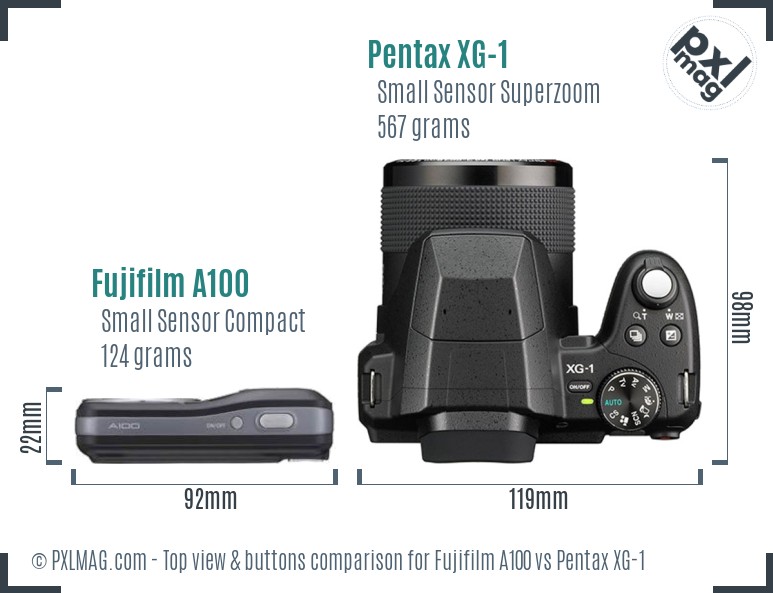 Fujifilm A100 vs Pentax XG-1 top view buttons comparison