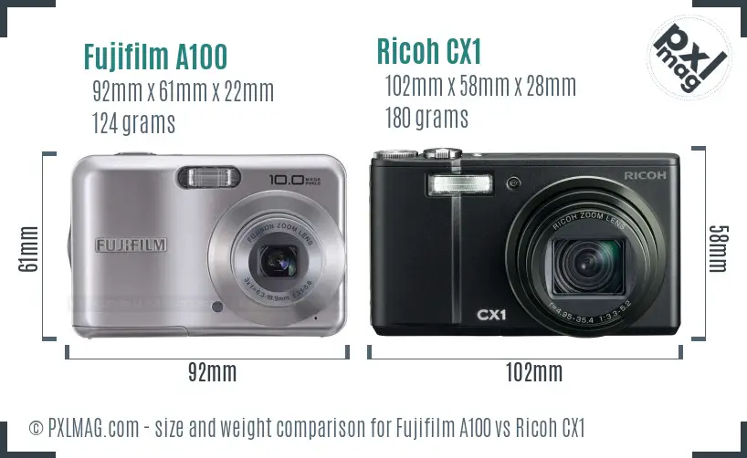 Fujifilm A100 vs Ricoh CX1 size comparison