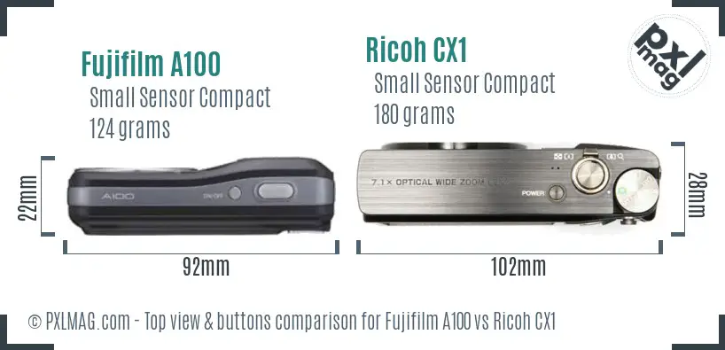 Fujifilm A100 vs Ricoh CX1 top view buttons comparison