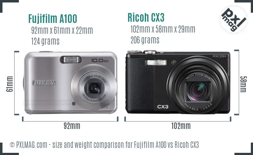Fujifilm A100 vs Ricoh CX3 size comparison