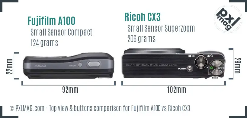 Fujifilm A100 vs Ricoh CX3 top view buttons comparison