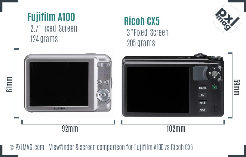 Fujifilm A100 vs Ricoh CX5 Screen and Viewfinder comparison