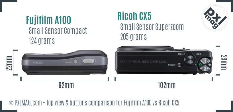 Fujifilm A100 vs Ricoh CX5 top view buttons comparison