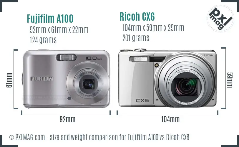 Fujifilm A100 vs Ricoh CX6 size comparison