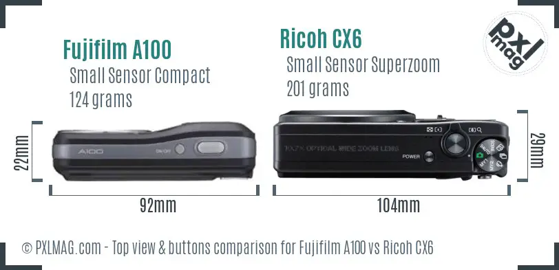 Fujifilm A100 vs Ricoh CX6 top view buttons comparison