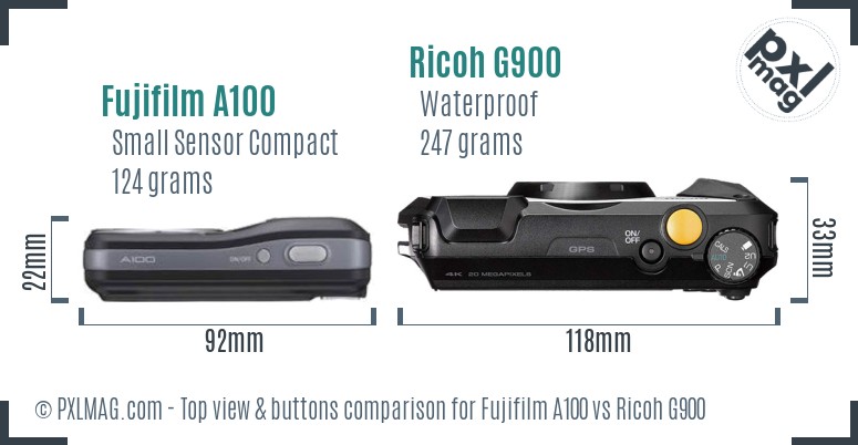 Fujifilm A100 vs Ricoh G900 top view buttons comparison