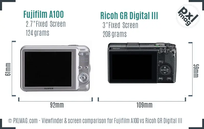 Fujifilm A100 vs Ricoh GR Digital III Screen and Viewfinder comparison
