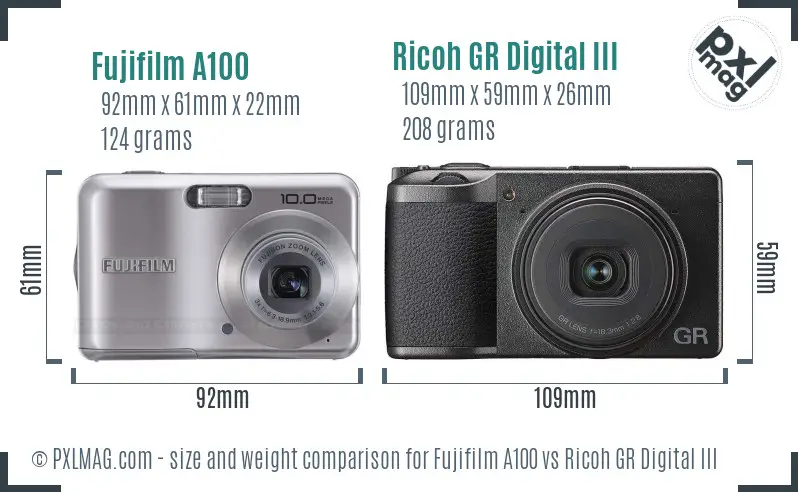 Fujifilm A100 vs Ricoh GR Digital III size comparison