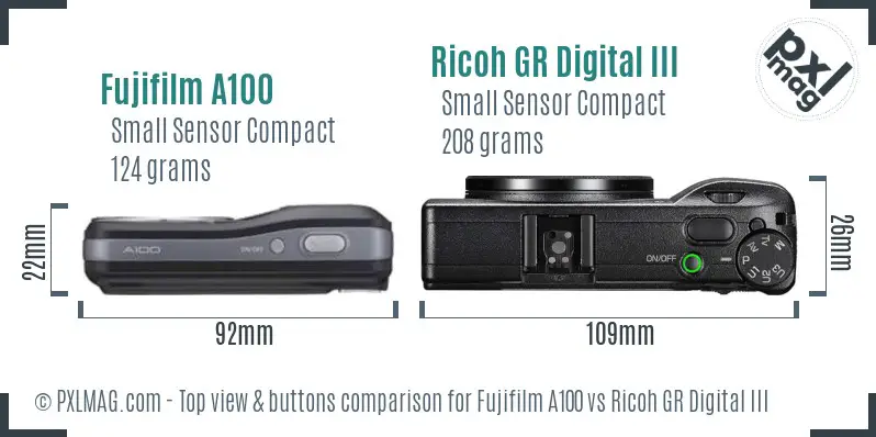 Fujifilm A100 vs Ricoh GR Digital III top view buttons comparison