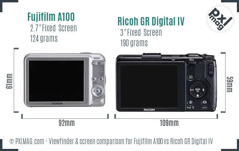 Fujifilm A100 vs Ricoh GR Digital IV Screen and Viewfinder comparison