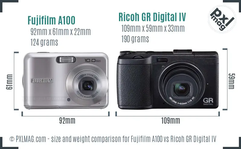 Fujifilm A100 vs Ricoh GR Digital IV size comparison