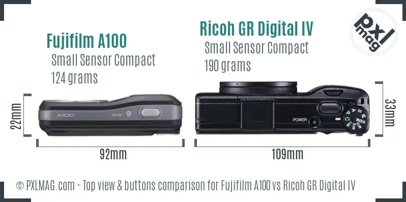 Fujifilm A100 vs Ricoh GR Digital IV top view buttons comparison