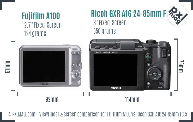 Fujifilm A100 vs Ricoh GXR A16 24-85mm F3.5-5.5 Screen and Viewfinder comparison