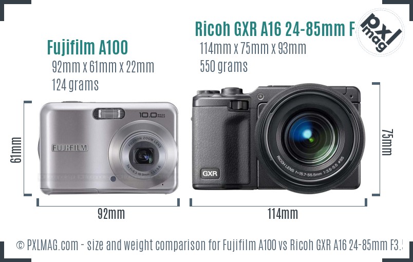 Fujifilm A100 vs Ricoh GXR A16 24-85mm F3.5-5.5 size comparison Fujifilm A100 vs Ricoh GXR A16 24-85mm F3.5-5.5 size comparison