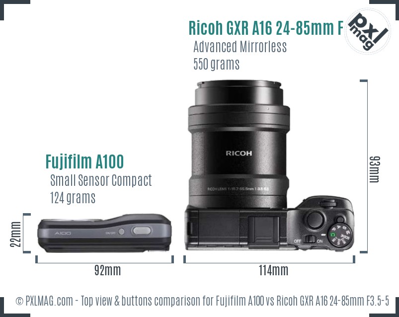 Fujifilm A100 vs Ricoh GXR A16 24-85mm F3.5-5.5 top view buttons comparison
