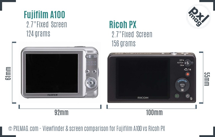 Fujifilm A100 vs Ricoh PX Screen and Viewfinder comparison