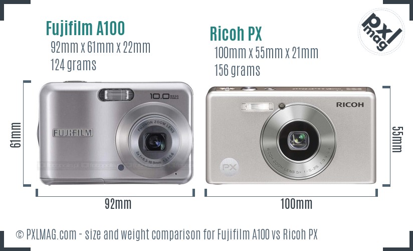 Fujifilm A100 vs Ricoh PX size comparison