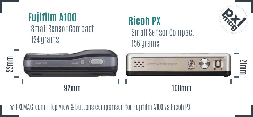 Fujifilm A100 vs Ricoh PX top view buttons comparison