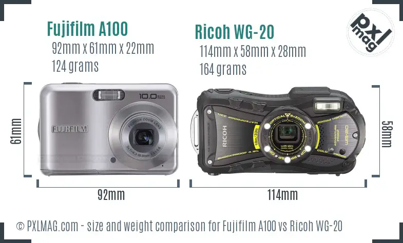 Fujifilm A100 vs Ricoh WG-20 size comparison