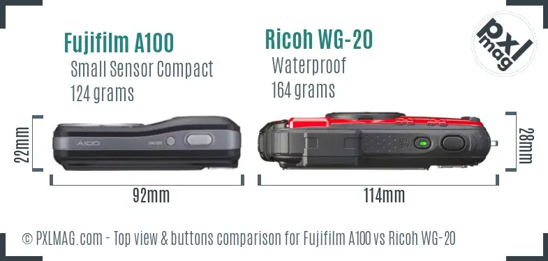 Fujifilm A100 vs Ricoh WG-20 top view buttons comparison