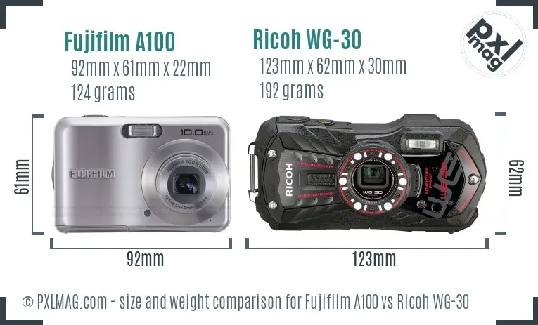 Fujifilm A100 vs Ricoh WG-30 size comparison