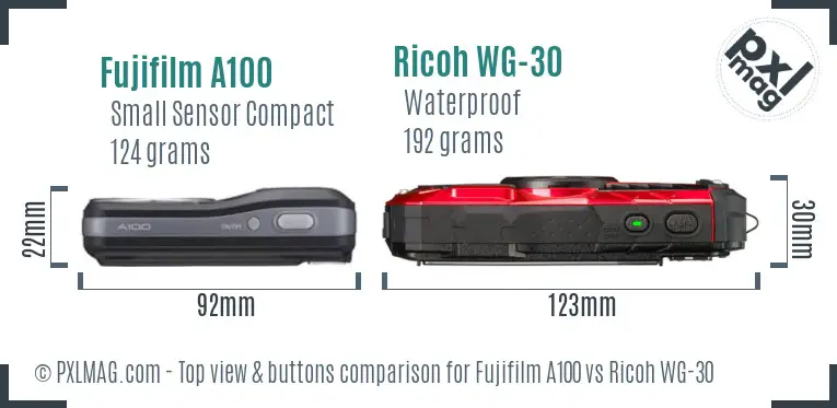 Fujifilm A100 vs Ricoh WG-30 top view buttons comparison
