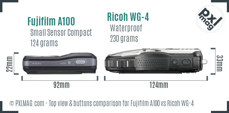 Fujifilm A100 vs Ricoh WG-4 top view buttons comparison Fujifilm A100 vs Ricoh WG-4 top view buttons comparison