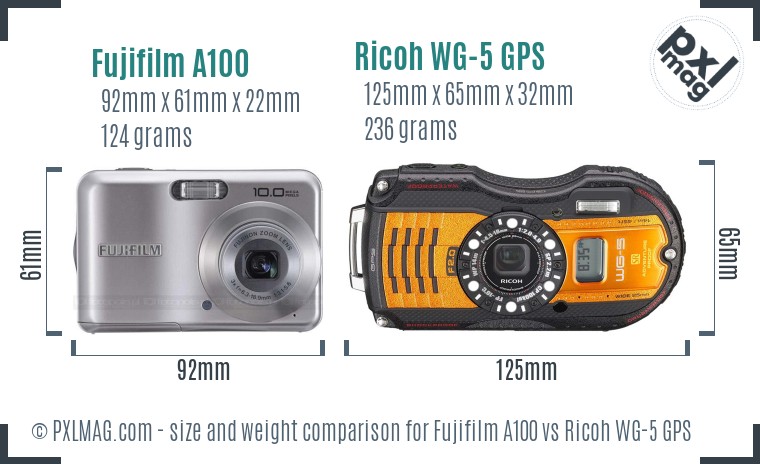 Fujifilm A100 vs Ricoh WG-5 GPS size comparison