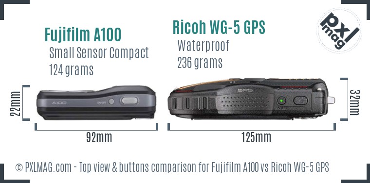 Fujifilm A100 vs Ricoh WG-5 GPS top view buttons comparison