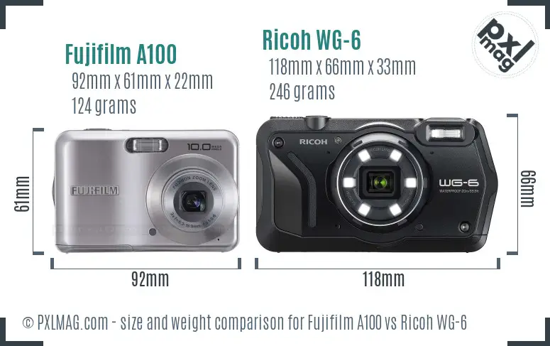 Fujifilm A100 vs Ricoh WG-6 size comparison