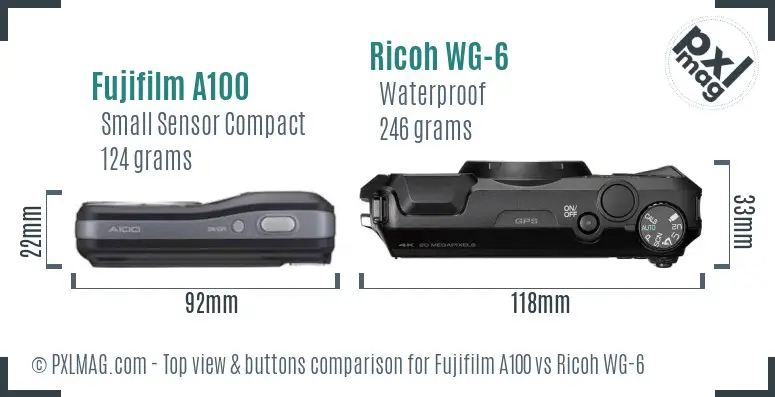 Fujifilm A100 vs Ricoh WG-6 top view buttons comparison