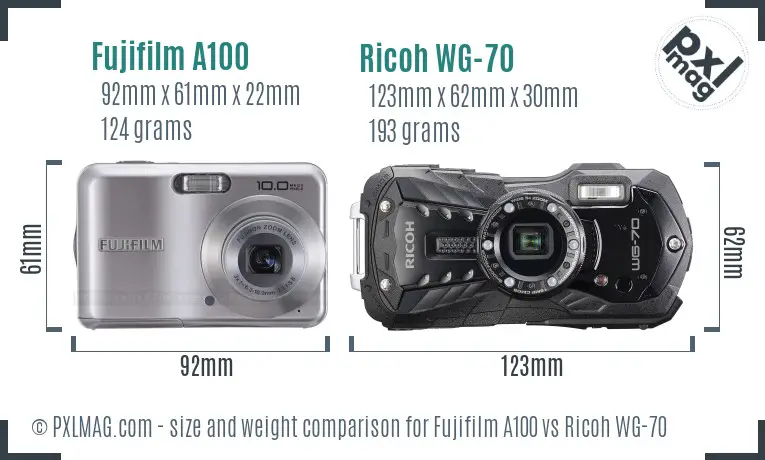 Fujifilm A100 vs Ricoh WG-70 size comparison