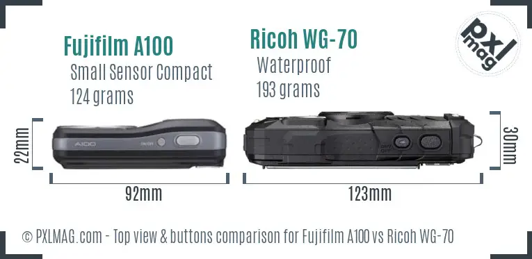 Fujifilm A100 vs Ricoh WG-70 top view buttons comparison