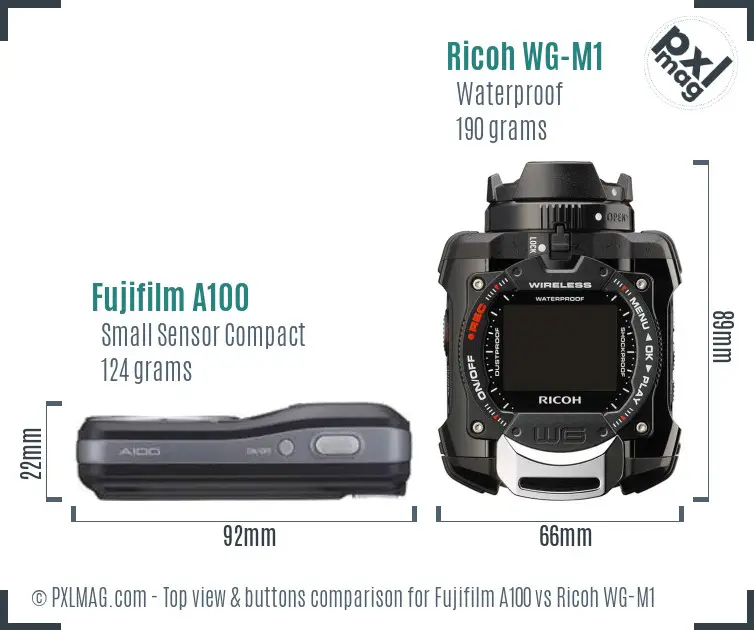 Fujifilm A100 vs Ricoh WG-M1 top view buttons comparison