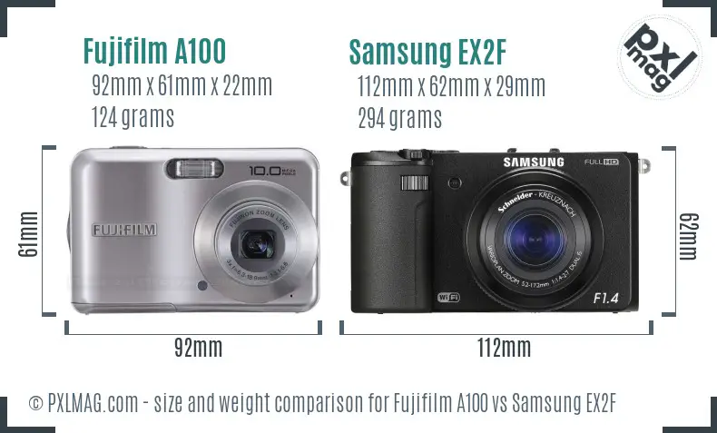 Fujifilm A100 vs Samsung EX2F size comparison