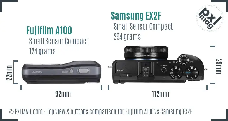 Fujifilm A100 vs Samsung EX2F top view buttons comparison