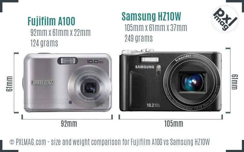 Fujifilm A100 vs Samsung HZ10W size comparison