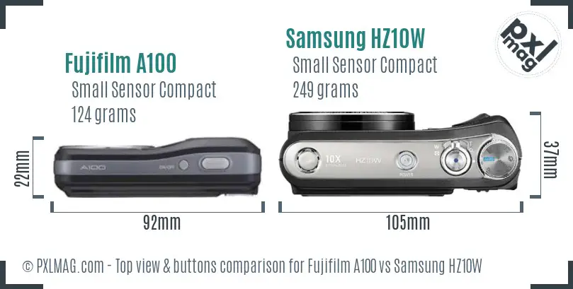 Fujifilm A100 vs Samsung HZ10W top view buttons comparison